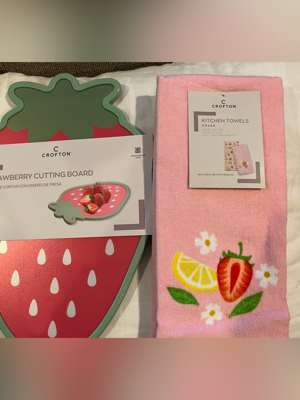 Crofton Pink Strawberry Kitchen Towels & Cutting Board Set